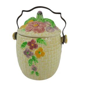Vintage Wade Heath Biscuit Barrel Yellow Pink Floral Basketweave England Pottery